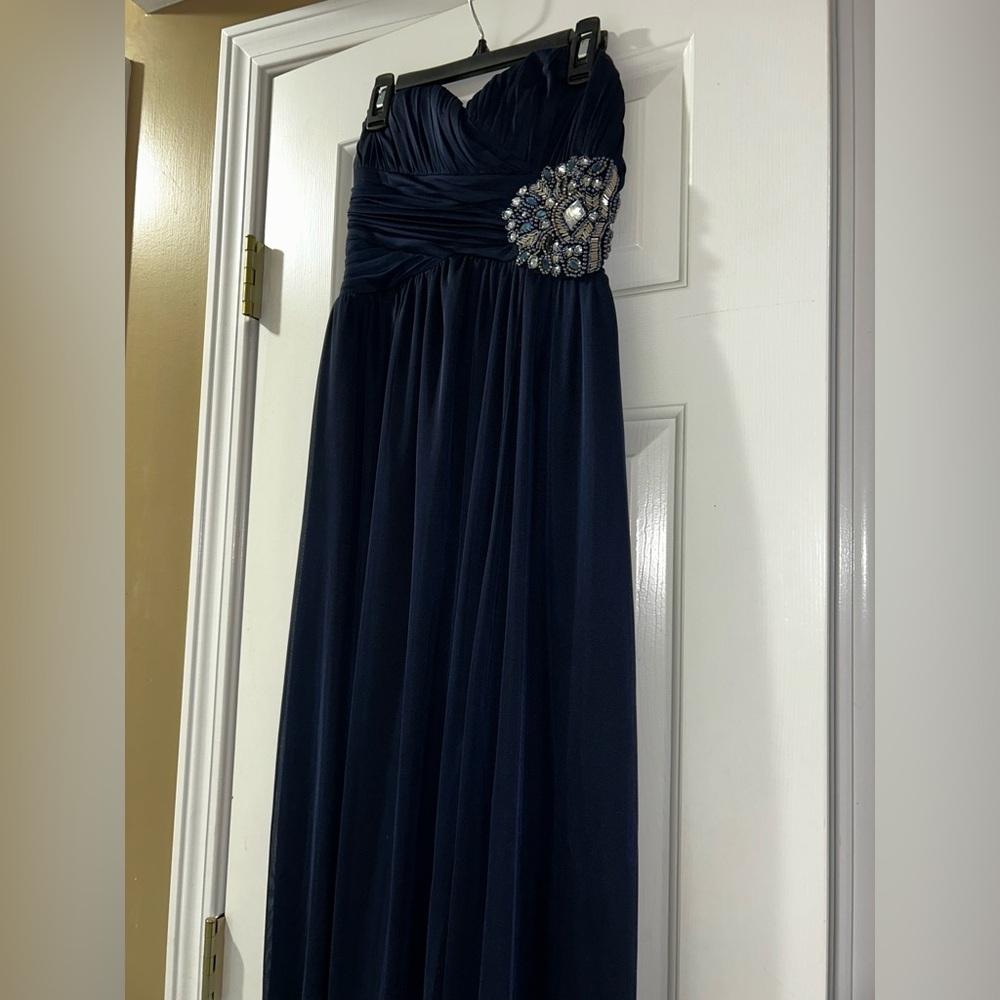 My Michelle navy blue strapless embellished gown / size 1